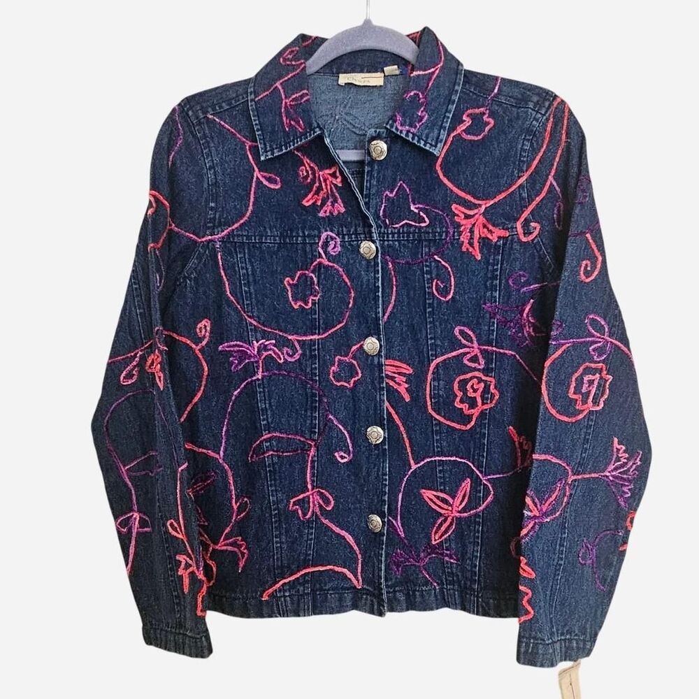 vintage boho western pink purple embroidered denim jacket deadstock